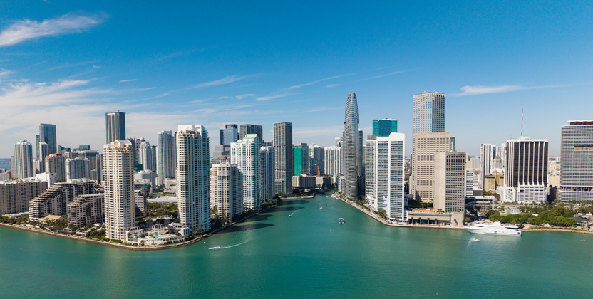 Miami skyline. Miami skyscraper cityscape. Miami city skyline view of Brickell key. Miami downtown. Skyscraper building. Cityscape building downtown. Travel destination. City architecture